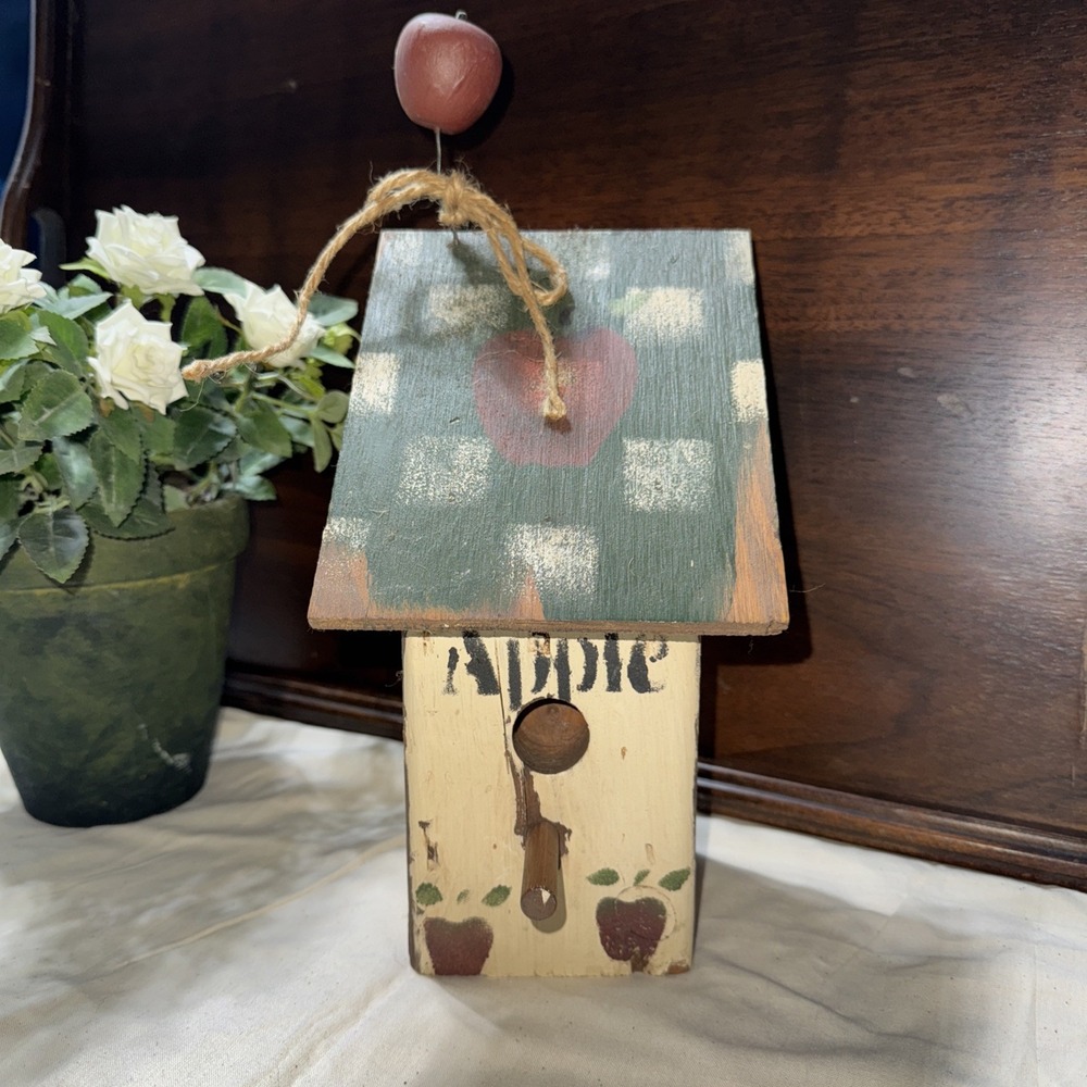 Decorative Wooden Bird House Green Color Features Squares Colors, Apple On Top